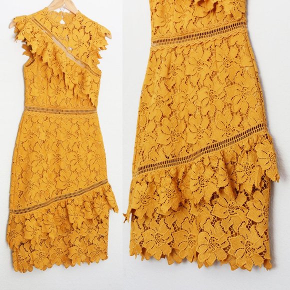 NEW SAYLOR Reine Mustard Yellow Sheath Midi Dress XS Lace Open Back Ruffle  $264 - Picture 10 of 15